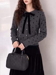 Women's Autumn/Winter Polka Dot Pattern Tie Neck Round Collar Cardigan Knit Sweater - Grey - View 4