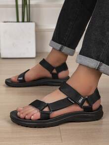 Solid Color Beach Hook-And-Loop Buckle Beach All Season - Black - View 2