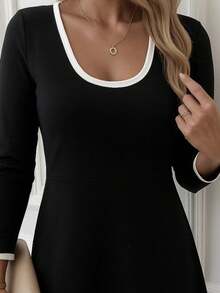 Women's Long-Sleeved Round-Neck Viscose Two-Thread Dress, 30091 - Black - View 2