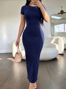 Unadoll 女款圓領短袖抓皺修身洋裝，優雅海軍藍緊身連身裙，夏季風格 - 藏蓝色 - 查看 11
