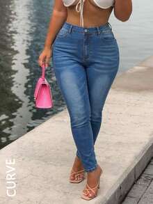Quần jean denim ôm dáng màu xanh thuần cho người size lớn - Rửa tối - Xem 1