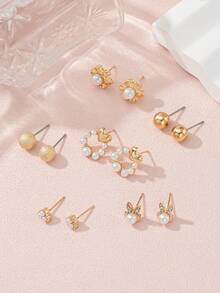 6 Pairs Women's Stud Earrings, Delicate Fashion Rabbit Heart Flower Pattern Combination Earrings, Suitable For Daily Wear, Beach, Vacation, Jewelry Gift For Friends - Yellow Gold - View 3