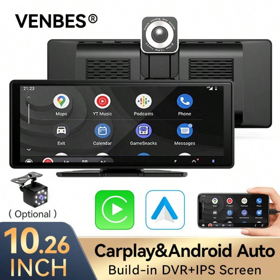 VENBES 10.26 Inch PND Portable Car Stereo With Built-In DVR Dash Cam, Wireless CarPlay & Wireless Android Auto Touch Screen Car Player Bluetooth FM