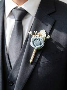 6Pcs Wedding Boutonniere For Groom And Groomsmen, Artificial PE Rose Lapel Pin ,Rustic Twine Wrapped Corsage For Wedding, Prom, Formal Party - Multicolor - View 2