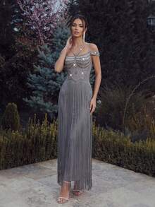 FEELAIR New Cold Shoulder Spaghetti Strap Heavy Rhinestone Tassel Long Dress, Grey Slim Fit Evening Gown, Suitable For Party, Banquet And Formal Occasions - Gray Blue - View 6