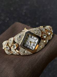 1PC Women Gold Tone Leaf Shaped Link Quartz Bracelet Watch With Square Silver Roman Numeral Dial Large Crystals And Rhinestones Vintage Luxury Gift - Gold - View 3