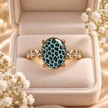 Women's Water Blue Leopard Print Oval Personalized Ring, Gold Tone Transparent Sparkling Rhinestone Decor Fashion Ring, Animal Print Cocktail Jewelry, Suitable For Party, Daily Wear And Gift Giving - Multicolor - View 3