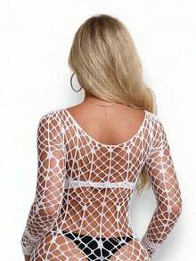 1pc Sexy Lingerie Dress, Long Sleeve Fishnet Hollow Out Elastic, Halloween - Black - View 5