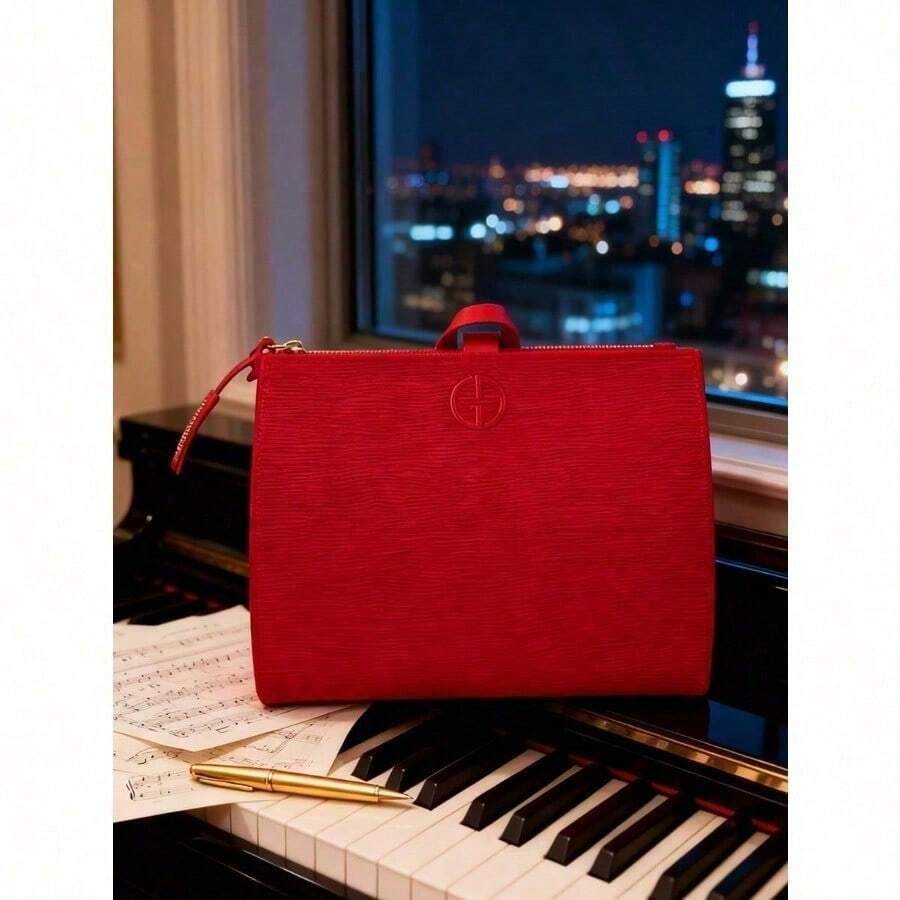 Vibrant Red Embossed PU Cosmetic Storage Bag With Top Handle Zipper Closure Portable Travel Toiletry Pouch For Makeup Skincare Organizing Holiday Birthday Anniversary Gift Armani - Flame Red - View 1