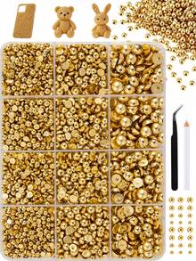12格/1盒 2-6mm 金色平底圓珠，秋季美甲裝飾珍珠珠組，含鑷子與蠟筆，適用於美甲、手機殼DIY、珠寶製作與手工裝飾 - 金色 - 查看 2