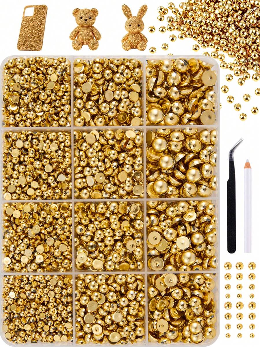 12格/1盒 2-6mm 金色平底圓珠，秋季美甲裝飾珍珠珠組，含鑷子與蠟筆，適用於美甲、手機殼DIY、珠寶製作與手工裝飾