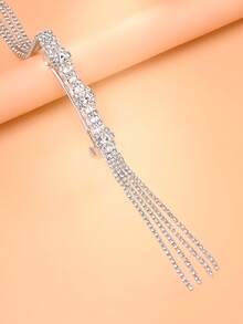 STONEFANS 1pc New Rhinestone Ponytail Tassel Hair Clip, European And American Fashion Crystal Hair Accessory Headpiece Hair Chain - Silver - View 3
