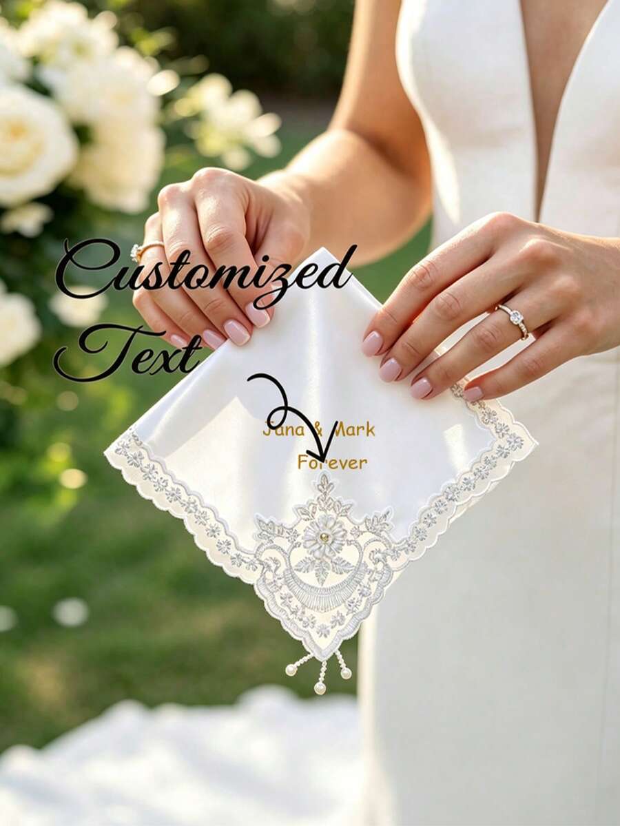 個性化刺繡新娘手帕,客製化姓名手帕,個性化婚禮手帕,可客製姓名與婚禮日期,優雅蕾絲婚禮手帕,適合新娘,婚禮紀念禮盒,新娘與伴娘的高級禮物 - 彩色 - 查看 1