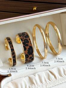 4pcs French Fashion Leopard Print Metal Bracelets Suitable For Women's Daily Casual And Party Wear (Gift Box Not Included) - Yellow Gold - View 4