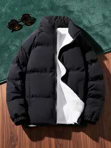 2025新款男士长袖纯色休闲简约加厚羽绒服，带保暖内衬，立领冬季外套 - 黑色 - 查看 10