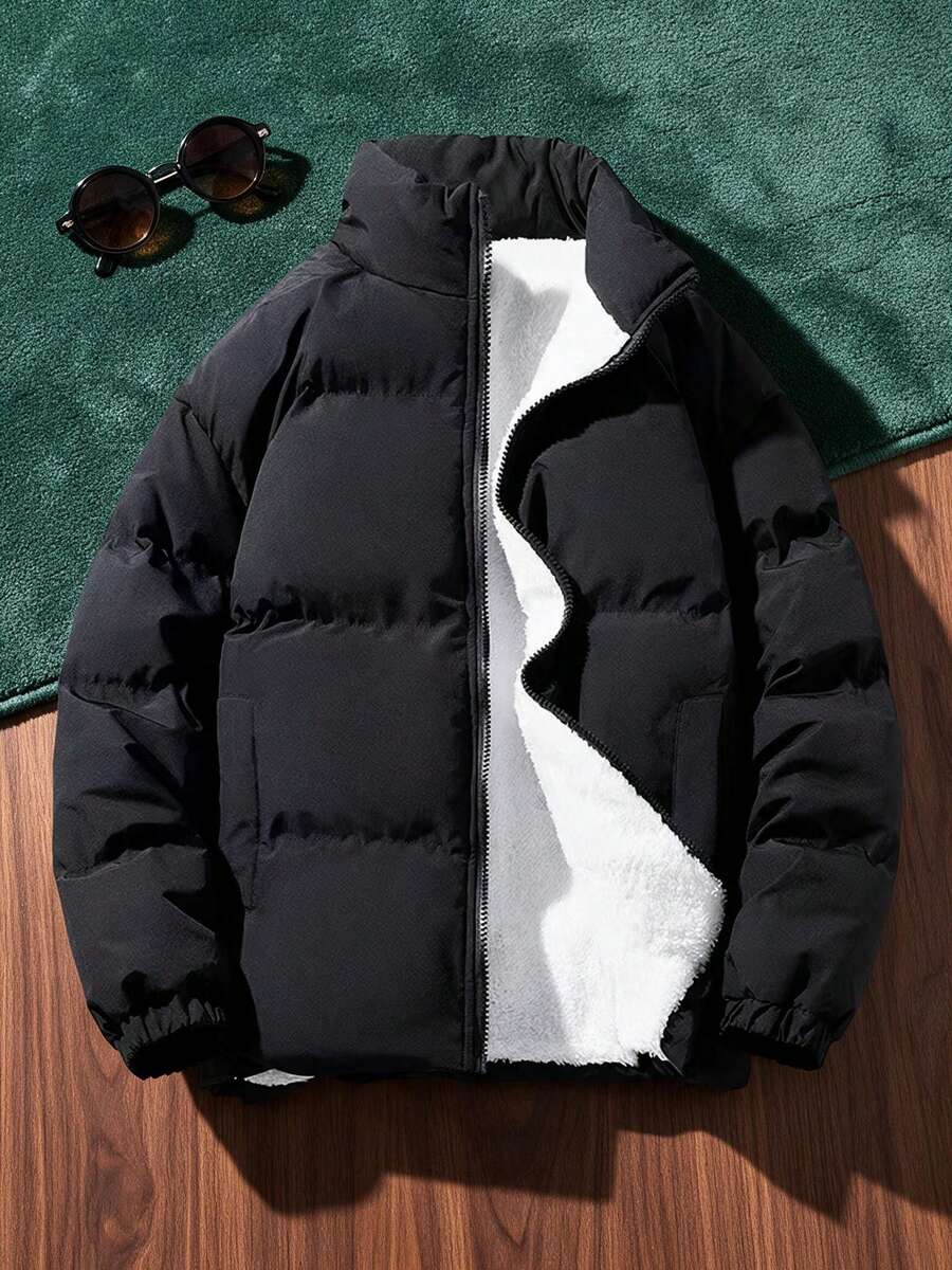 2025 New Men's Long Sleeve Solid Color Casual Simple Padded Coat With Thermal Lined, Warm Stand Collar Winter Coat - Black - View 1