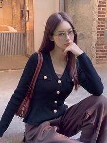 Women's Autumn/Winter Korean Style Slimming Waist Ruffle V-Neck Metal Button Knit Cardigan, Navy Blue Top, Suitable For Casual Outings, Halloween Events, Shopping - Navy - View 6