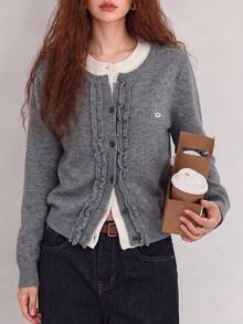 Women's Autumn/Winter Frill Trim 2 In 1 Cardigan Jacket - Grey - View 4