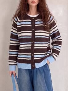 Women's Autumn/Winter Knitted Button Cardigan, Striped Loose Comfortable Style, Long Sleeve Round Neck Regular Fit Cardigan - Multicolor - View 1