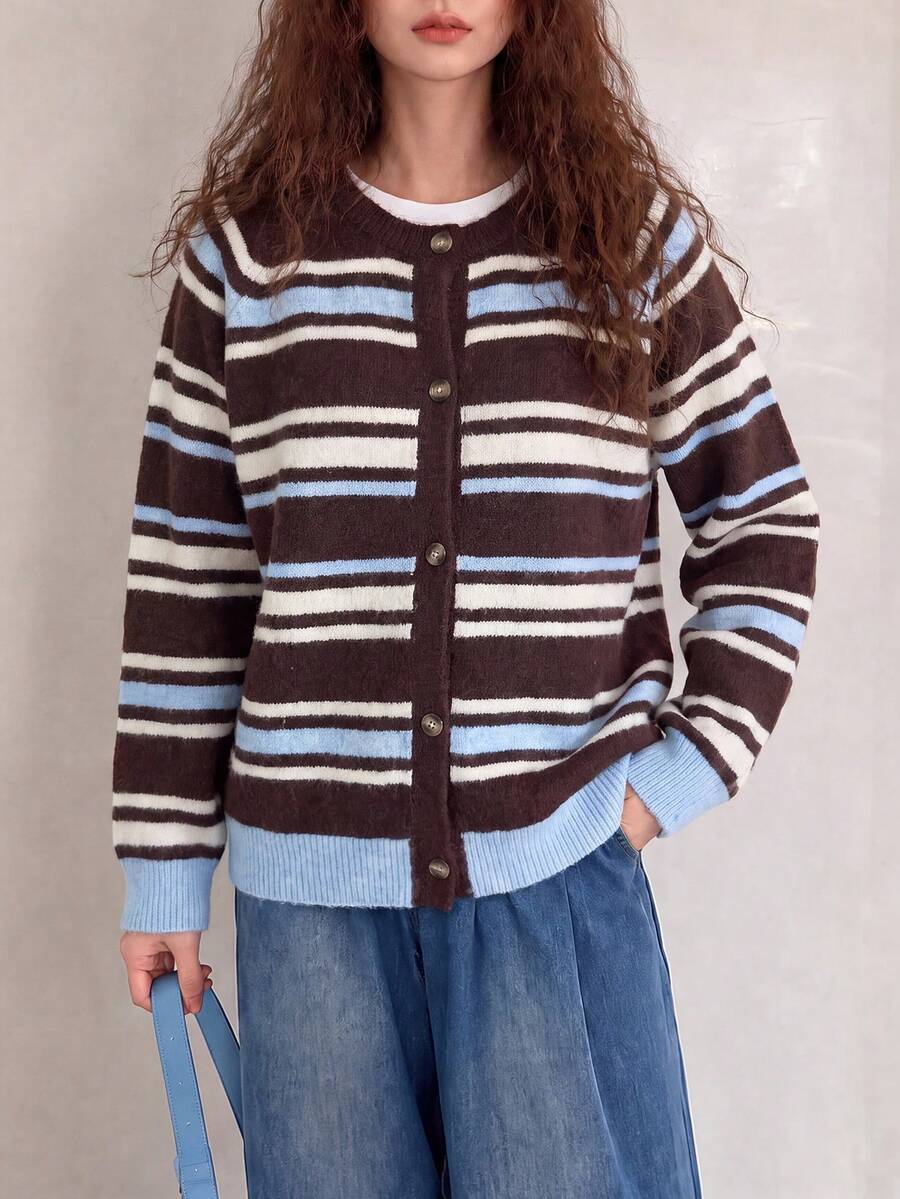 Women's Autumn/Winter Knitted Button Cardigan, Striped Loose Comfortable Style, Long Sleeve Round Neck Regular Fit Cardigan - Multicolor - View 1