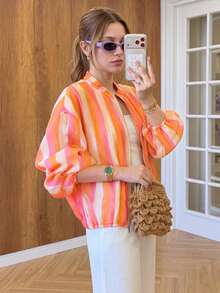 GMFP Women's Multi-Color Vertical Striped Stand Collar Short Zip-Up Jacket, Contrast Color Design Casual Vacation Style Top - Orange - View 1