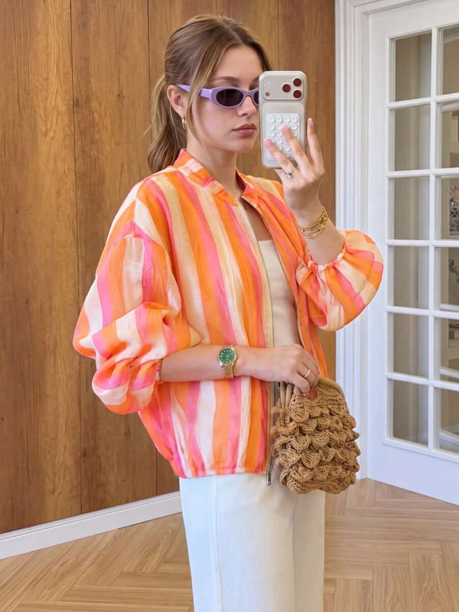 GMFP Women's Multi-Color Vertical Striped Stand Collar Short Zip-Up Jacket, Contrast Color Design Casual Vacation Style Top - Orange - View 1