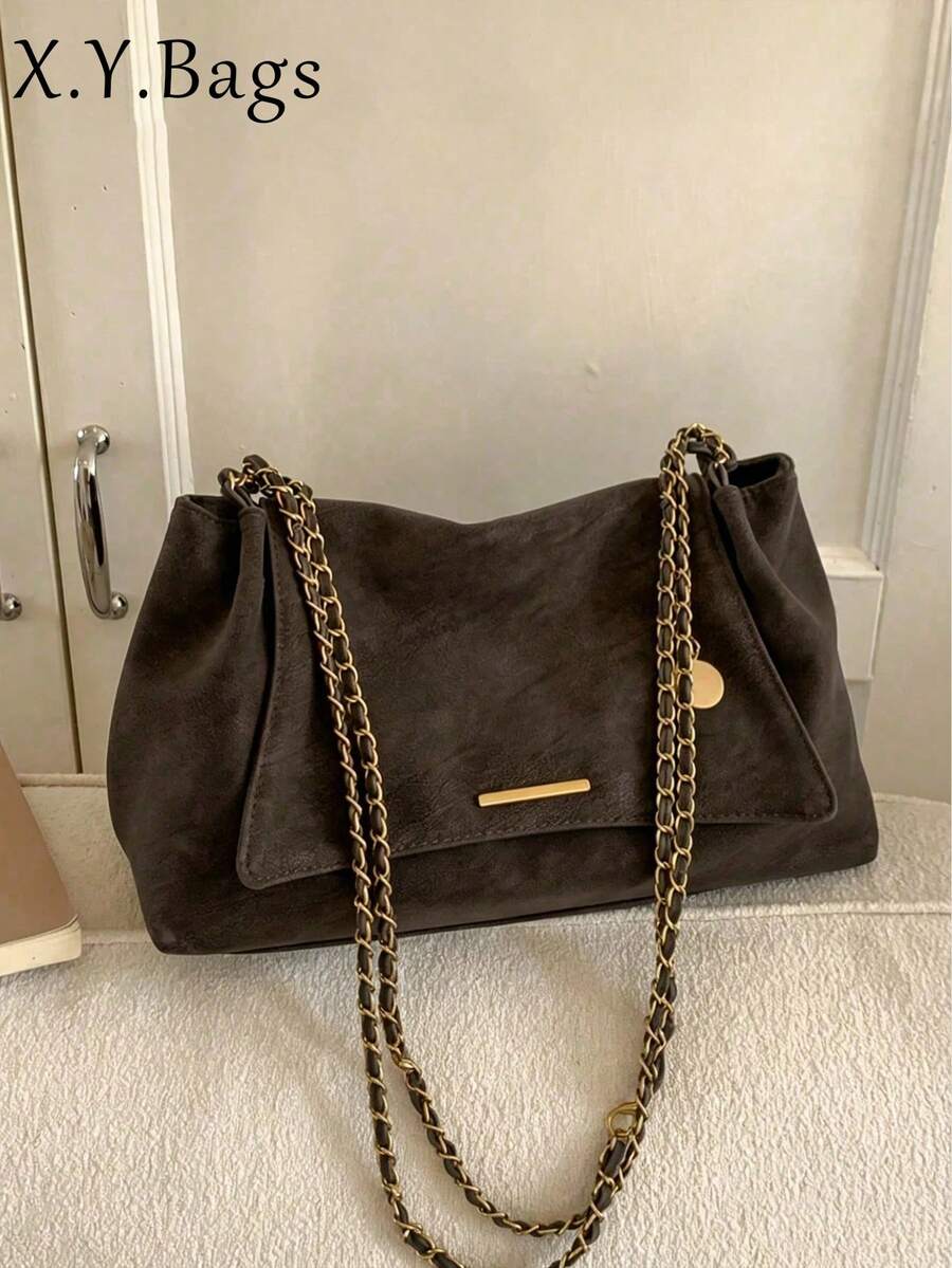 Solid Color Flap Chain Shoulder Bag, Fashionable Soft Crossbody Bag, Suitable For Girls, Women, - Coffee - View 1