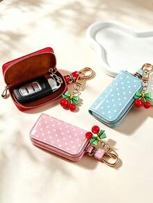 Polka Dot Cherry Print Multi-Function Storage Bag - Can Be Used As Car Key Holder, Coin Purse Or Earphone Case; With Zipper And Keychain, Can Be Attached To Handbag Or Backpack; Unisex Polka Dot Storage Bag. - Multicolor - View 9