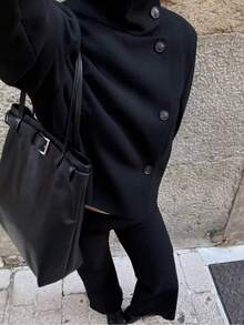 Women's Autumn/Winter Elegant High-End Stand Collar Button-Up Short Overcoat, Commuter Minimalist Loose Versatile Thick Wool Blend Jacket - Dark Grey - View 8