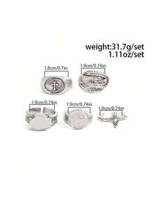 5pcs/Set American Vintage Style Combination Rings, Cross Compass Wheat Ear Embossed Design, Personalized Layered Finger Rings Accessories - White K - View 7