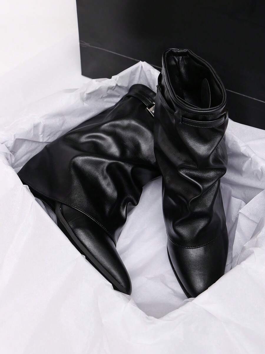 Women's Black Pointed Toe Chunky Heel Ruched Ankle Boots, Spring/Autumn Fashion Boots With Slimming Effect - Black - View 1