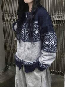 Cardigan Rajut Fair Isle Motif Salju dengan Resleting, Jaket Sweater Longgar Kasual Vintage yang Lembut dan Nyaman - Navy Blue - View 6