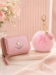 Dompet Kecil Wanita Lucu dengan Gantungan Kunci Pom Pom, Dompet Pendek Kulit PU Bentuk Hati yang Manis, Set Hadiah Dompet Koin Mini dengan Banyak Slot Kartu - MultiWarna - View 12