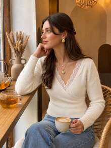 Women's French Elegant Wrap Knit Top, V-Neck Lace Trim Long Sleeve Ribbed Cropped Sweater, Suitable For Daily Coffee Autumn Outfit - White - View 2