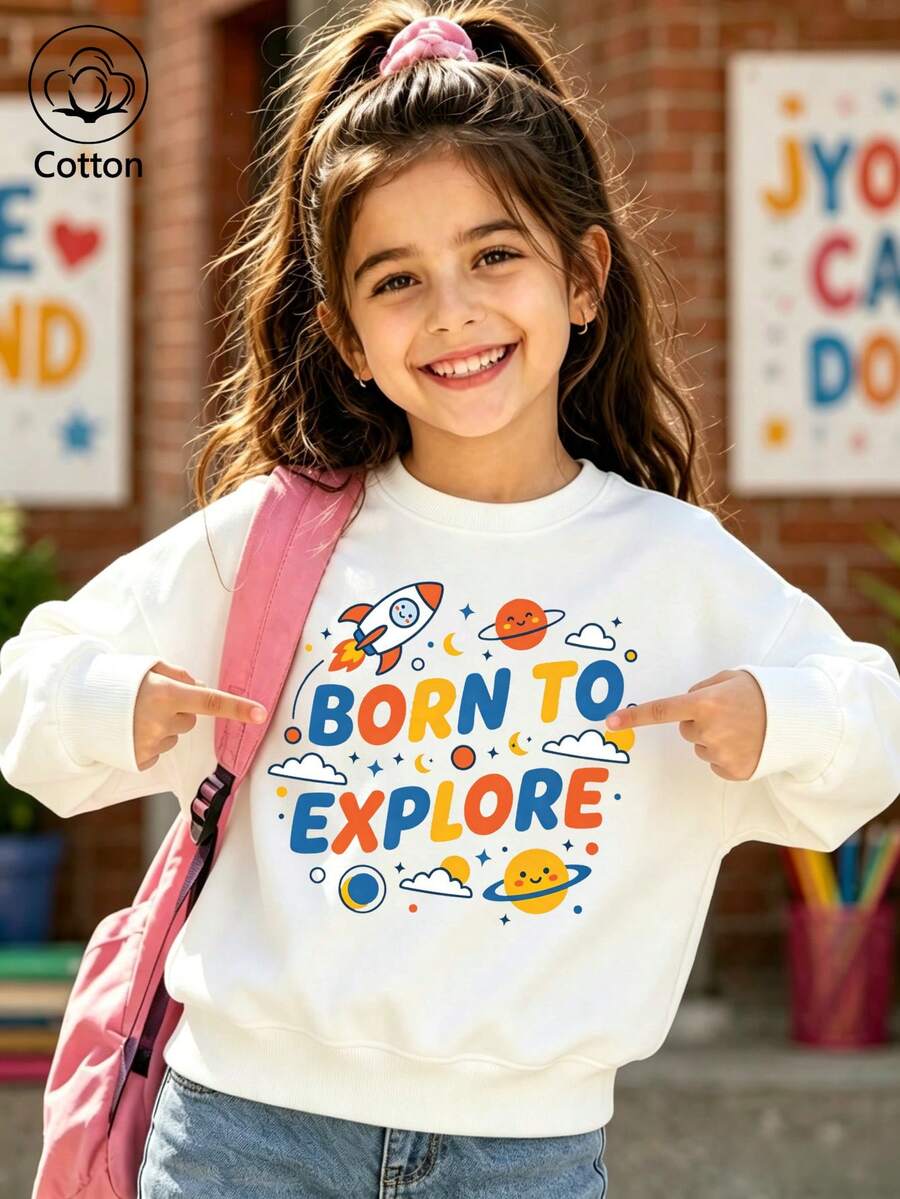 سويت شيرت أطفال أسود بياقة دائرية BORN TO EXPLORE بطبعة كرتونية لصاروخ فضائي وكواكب بأكمام طويلة - أبيض - مشاهدة 1