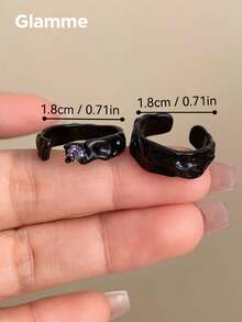 2pcs/Set Dark Style Black Textured Asymmetrical Fashion Rings, Niche Cool Open Stackable Rings - Black - View 10