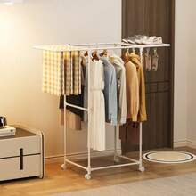 Thick-Walled Reinforced Steel Pipe Standing Clothes Rack, 360° Rotating Casters For Easy Movement, Elevated Hanging Area To Prevent Dragging On Floor, Top Shoe Rack Storage, Multifunctional Vertical Coat Rack For Home - Black and White - View 5