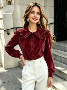 Kemeja Kasual Wanita Bahan Korduroi Warna Polos dengan Kerah Berumbai untuk Musim Gugur/Dingin - Burgundy - View 1