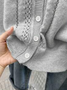 Plus Size Women's Elegant Solid Color Knit Cardigan With Buttons, Casual Slouchy Comfortable Thin Knit Sweater Jacket For Autumn/Winter, Suitable For Outings, Versatile Top - Grey - View 4