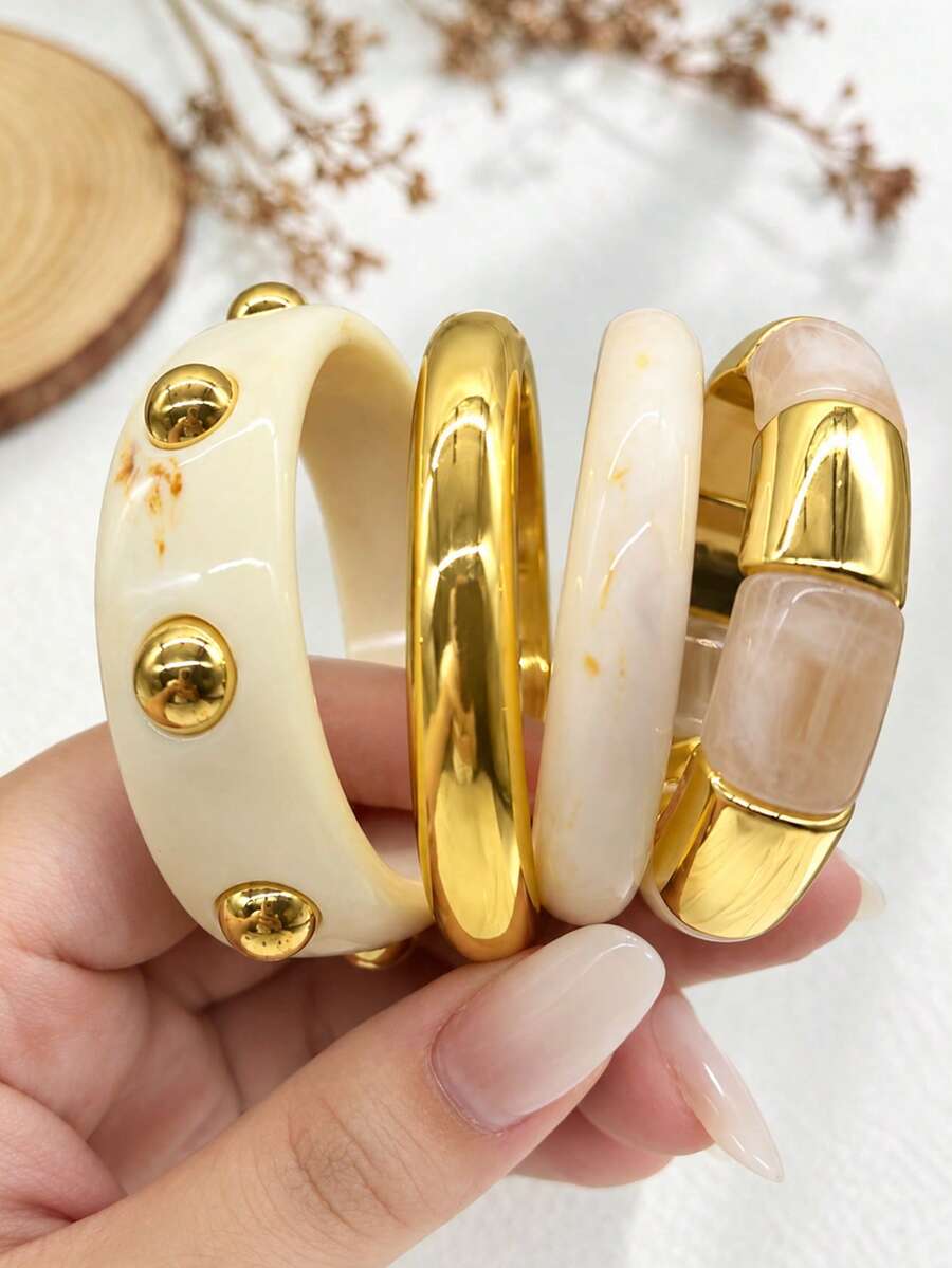 1/4pcs Fashion Minimalist Retro Punk Style Rivet CCB Resin Stackable Chunky Bracelet Set For Women, Holiday, Date, Party, Ball, Banquet, Festival, Birthday Gift, Daily Versatile - Beige - View 1