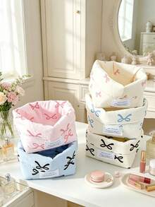 1pc Cute Bow Print Fabric Storage Basket Foldable Desktop Cosmetic Organizer Bin Portable Makeup Holder Box Small Sundries Accessories Storage Bucket - Multicolor - View 1