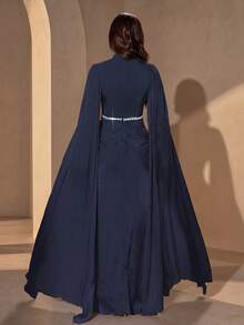 優雅海軍藍女士長版正式禮服，立領設計，適合晚禮服、婚禮派對與秋季特殊場合 - 寶藍色 - 查看 2