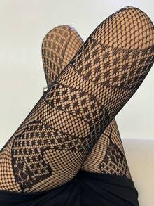 1 Pair Asymmetrical Snake Print Fishnet Socks; Say Goodbye To Monotonous Basic Black Socks, 3D Python Texture Enhances Leg Lines - Black - View 2