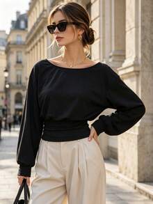 Women's Autumn Boat Neck Long Sleeve Top, Dropped Shoulder Lantern Sleeve Waist-Cinching Slim Fit Cropped Blouse - Black - View 1