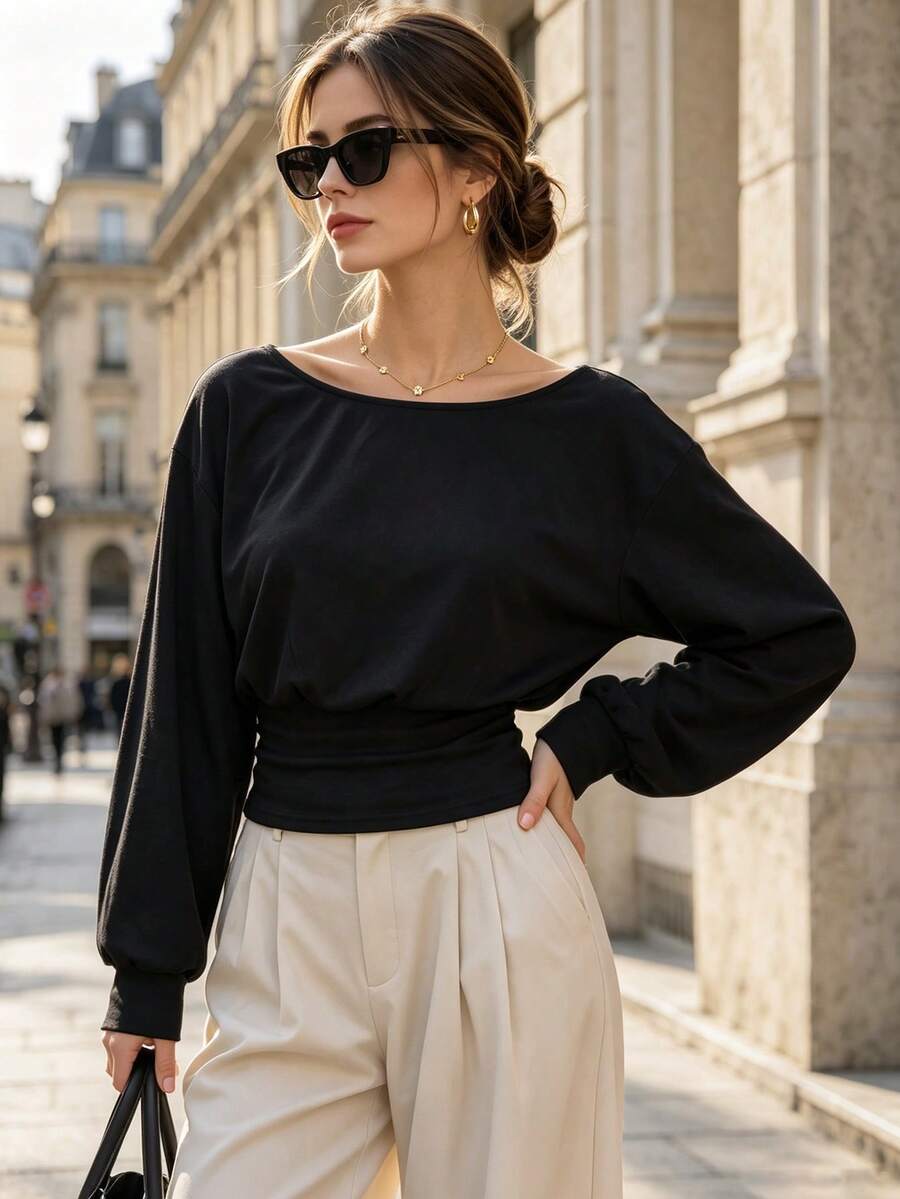 Women's Autumn Boat Neck Long Sleeve Top, Dropped Shoulder Lantern Sleeve Waist-Cinching Slim Fit Cropped Blouse - Black - View 1