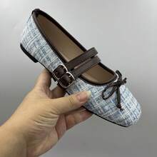 Elegant Women's Tweed Slip-On Flat Shoes, Square-Toe Formal Shoes With Bow Embellishment And Double Strap Design With Buckles - Blue - View 5