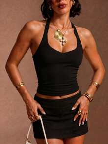 Spring/Summer Casual Sexy Versatile Ribbed Halter Neck Tank Top - Black - View 6