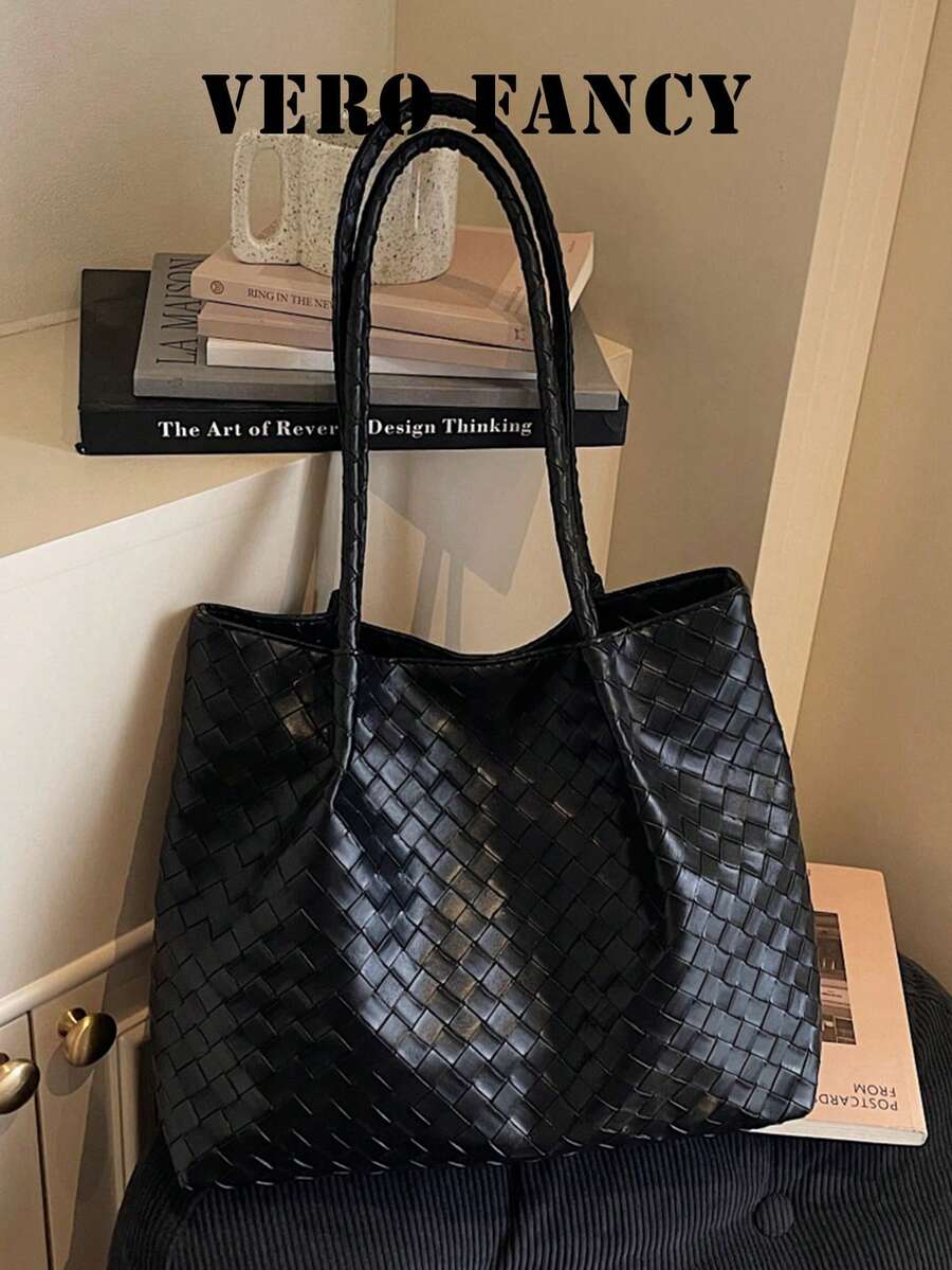 Tas Tote Anyaman Minimalis dengan Tekstur Persegi yang Saling Terkait, Pegangan Panjang Anyaman yang Senada, Badan Tas yang Lembut dan Lentur dengan Kapasitas Besar, Tas Bahu Gaya Vintage untuk Aktivitas Sehari-hari, Belanja, dan Perjalanan, Tas Tangan Bahu Serbaguna