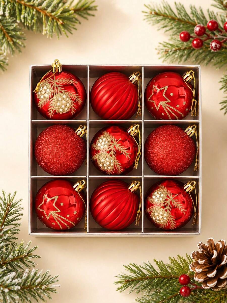 9pcs Red & Gold Christmas Ball Decoration Set, Including Matte, Glitter, Shiny & Textured Styles, Suitable For Outdoor Christmas Tree, Garden, Yard, Porch, Front Door Wreath, Garland, Holiday Party, Wedding, New Year & Winter Home Decor - Red - View 1