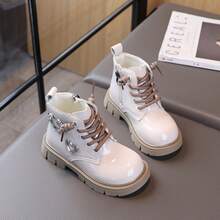 1 Pair Girls' Boots 2026 Autumn/Winter New Shiny Princess Ankle Boots Rhinestone Heart Children's Leather Boots For Outings, Parties And Gatherings - Beige - View 4